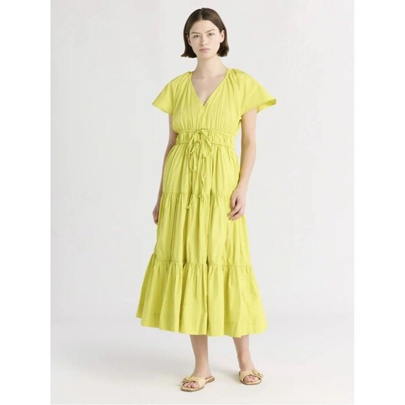 Free Assembly Boho Tiered Maxi Dress S Smocked Ruffle Flutter Sleeves Lime Green - Picture 1 of 12